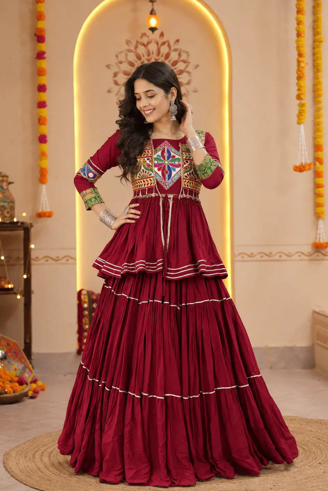 Navratri Gamthi Work Lehenga Choli Set with Koti | Pure Cotton, Mirror & Sikka Lace | Garba Festive Wear - Rosepetals Luxe