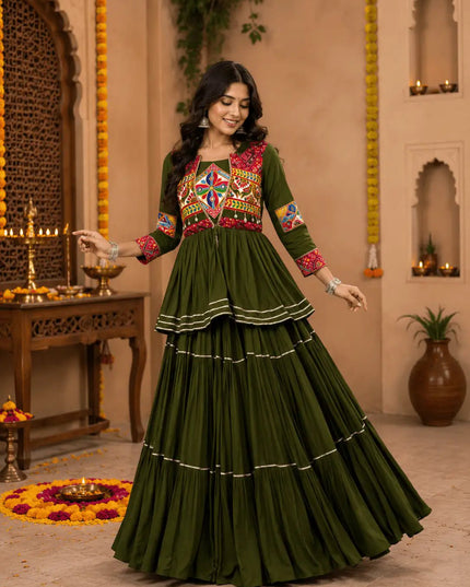 Navratri Gamthi Work Lehenga Choli Set with Koti | Pure Cotton, Mirror & Sikka Lace | Garba Festive Wear - Rosepetals Luxe