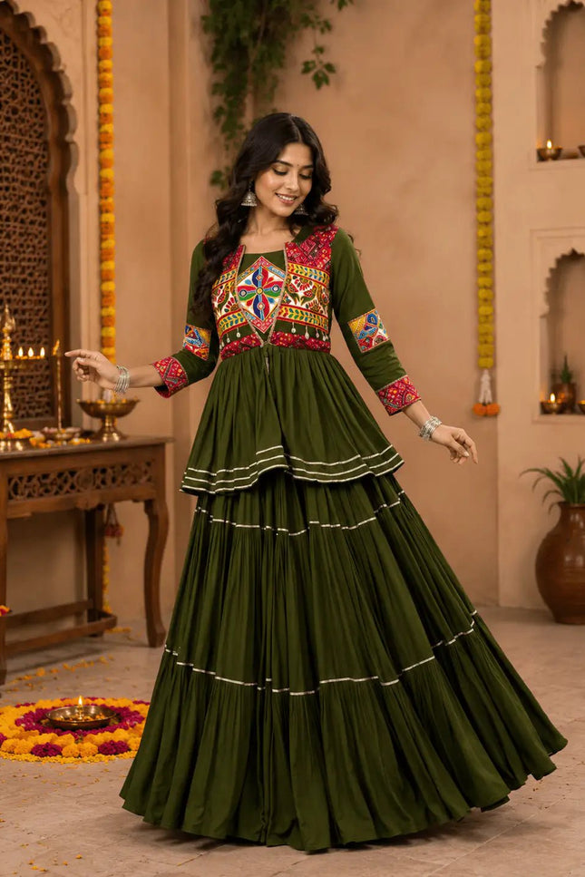 Navratri Gamthi Work Lehenga Choli Set with Koti | Pure Cotton, Mirror & Sikka Lace | Garba Festive Wear - Rosepetals Luxe