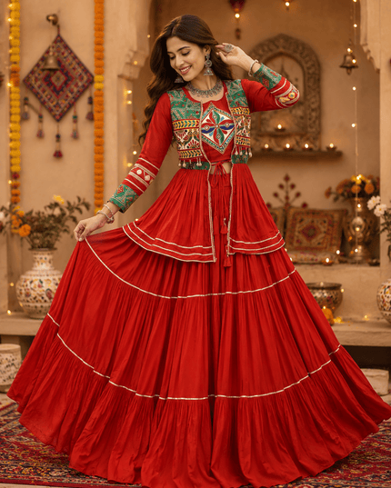 Navratri Gamthi Work Lehenga Choli Set with Koti | Pure Cotton, Mirror & Sikka Lace | Garba Festive Wear - Rosepetals Luxe