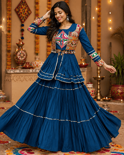 Navratri Gamthi Work Lehenga Choli Set with Koti | Pure Cotton, Mirror & Sikka Lace | Garba Festive Wear - Rosepetals Luxe