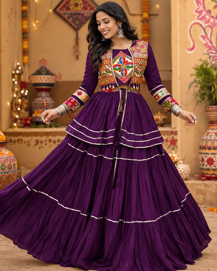 Navratri Gamthi Work Lehenga Choli Set with Koti | Pure Cotton, Mirror & Sikka Lace | Garba Festive Wear - Rosepetals Luxe