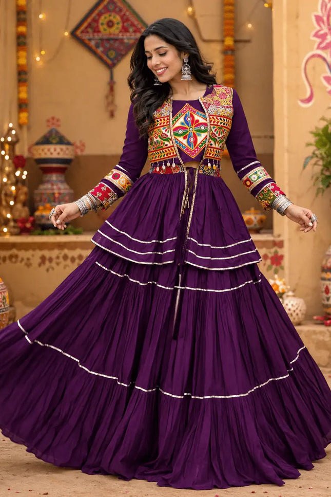 Navratri Gamthi Work Lehenga Choli Set with Koti | Pure Cotton, Mirror & Sikka Lace | Garba Festive Wear - Rosepetals Luxe