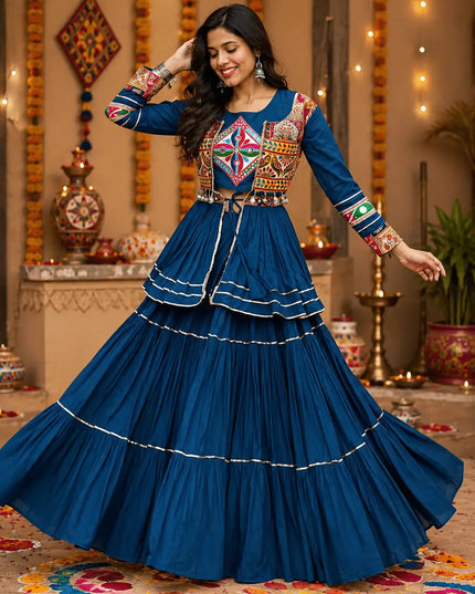 Navratri Gamthi Work Lehenga Choli Set with Koti | Pure Cotton, Mirror & Sikka Lace | Garba Festive Wear - Rosepetals Luxe