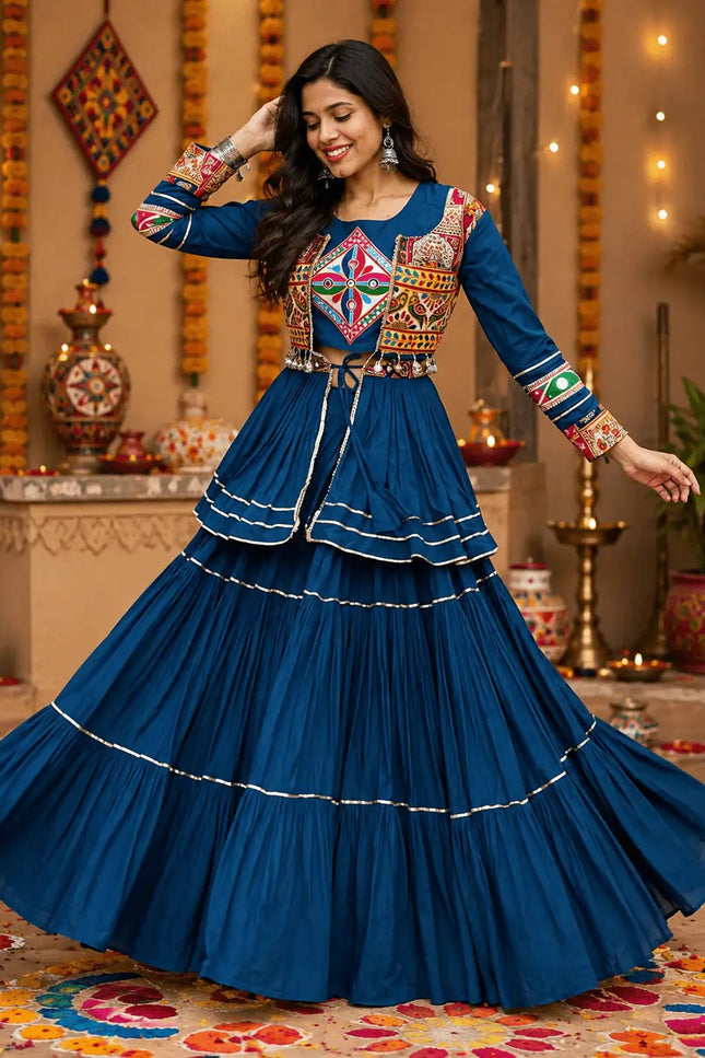 Navratri Gamthi Work Lehenga Choli Set with Koti | Pure Cotton, Mirror & Sikka Lace | Garba Festive Wear - Rosepetals Luxe