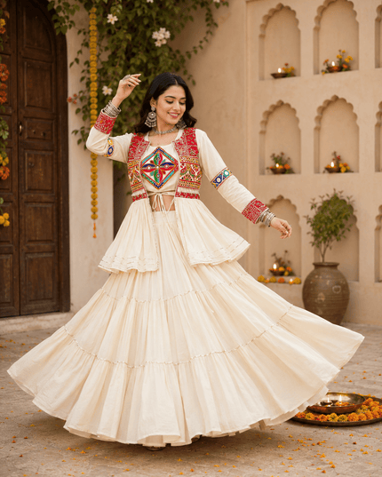 Navratri Gamthi Work Lehenga Choli Set with Koti | Pure Cotton, Mirror & Sikka Lace | Garba Festive Wear - Rosepetals Luxe