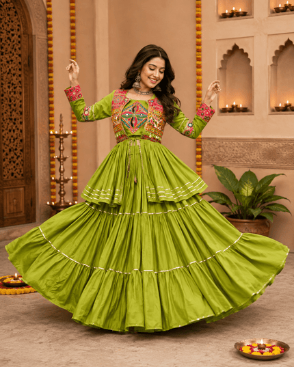 Navratri Gamthi Work Lehenga Choli Set with Koti | Pure Cotton, Mirror & Sikka Lace | Garba Festive Wear - Rosepetals Luxe