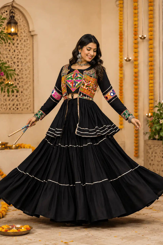 Navratri Gamthi Work Lehenga Choli Set with Koti | Pure Cotton, Mirror & Sikka Lace | Garba Festive Wear - Rosepetals Luxe