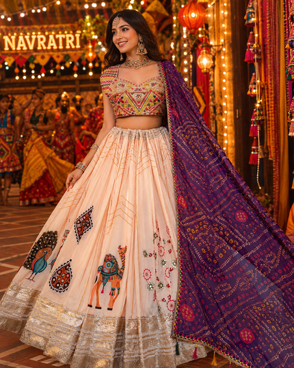 Navratri Special Chaniya Choli | Heavy Muslin Cotton Lehenga with Gota Zari Silk Choli - Rosepetals Luxe
