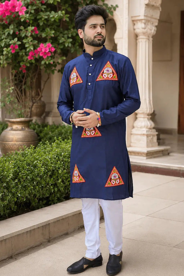 Navratri Special Cotton Kurta for Men | Kutchi Work Patch & Lace | Regular Fit | 2 Colours - Rosepetals Luxe