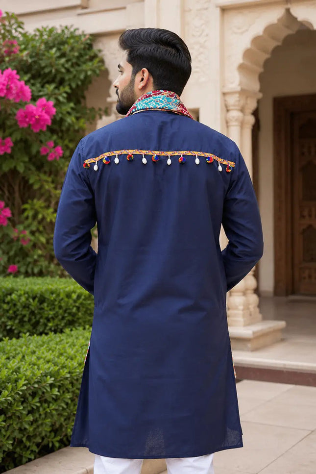 Navratri Special Cotton Kurta for Men | Kutchi Work Patch & Lace | Regular Fit | 2 Colours - Rosepetals Luxe