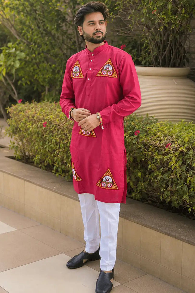 Navratri Special Cotton Kurta for Men | Kutchi Work Patch & Lace | Regular Fit | 2 Colours - Rosepetals Luxe