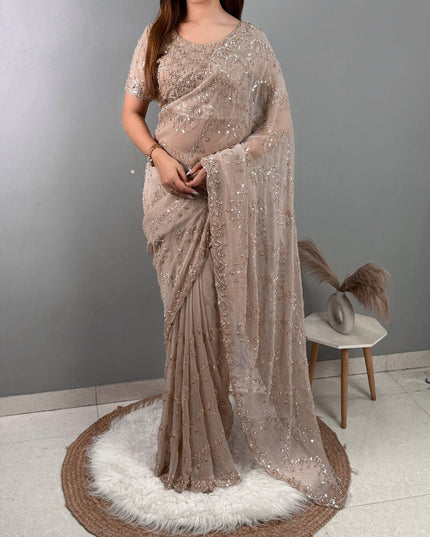 NC Glass Shimmer Saree | Full Tone - to - Tone Beads & Sequins Work | With Blouse - Rosepetals Luxe