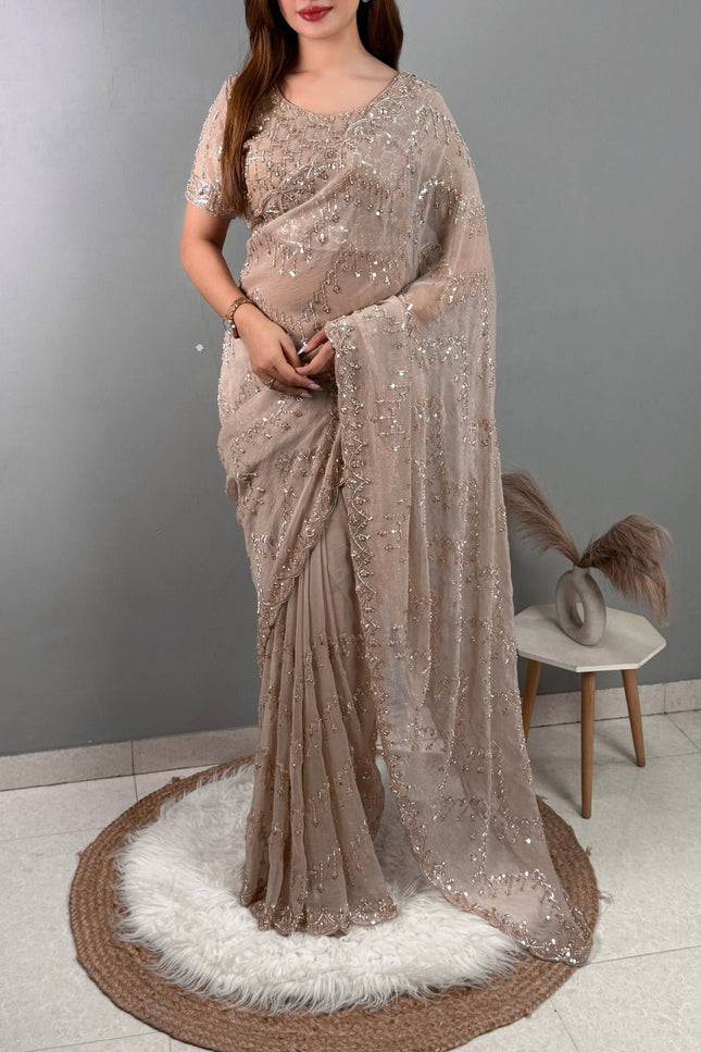 NC Glass Shimmer Saree | Full Tone - to - Tone Beads & Sequins Work | With Blouse - Rosepetals Luxe