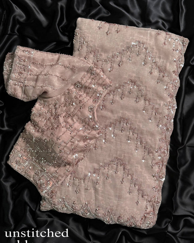 NC Glass Shimmer Saree | Full Tone - to - Tone Beads & Sequins Work | With Blouse - Rosepetals Luxe