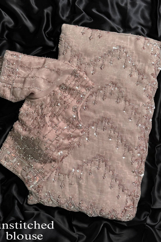 NC Glass Shimmer Saree | Full Tone - to - Tone Beads & Sequins Work | With Blouse - Rosepetals Luxe