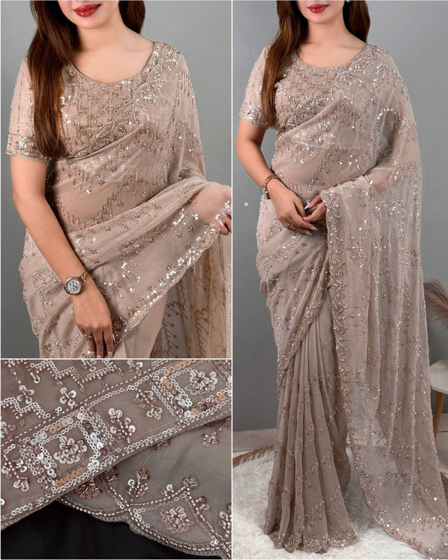 NC Glass Shimmer Saree | Full Tone - to - Tone Beads & Sequins Work | With Blouse - Rosepetals Luxe