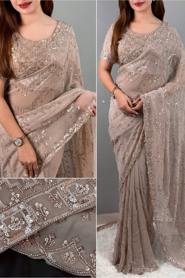 NC Glass Shimmer Saree | Full Tone - to - Tone Beads & Sequins Work | With Blouse - Rosepetals Luxe