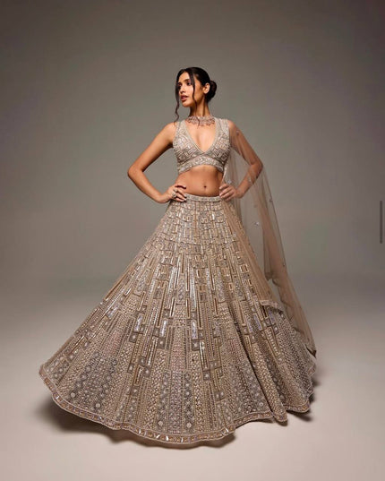 Net Lehenga Choli with Sequins, Dori & Thread Work | 3.5 Mtr Flare | Semi - Stitched - Rosepetals Luxe