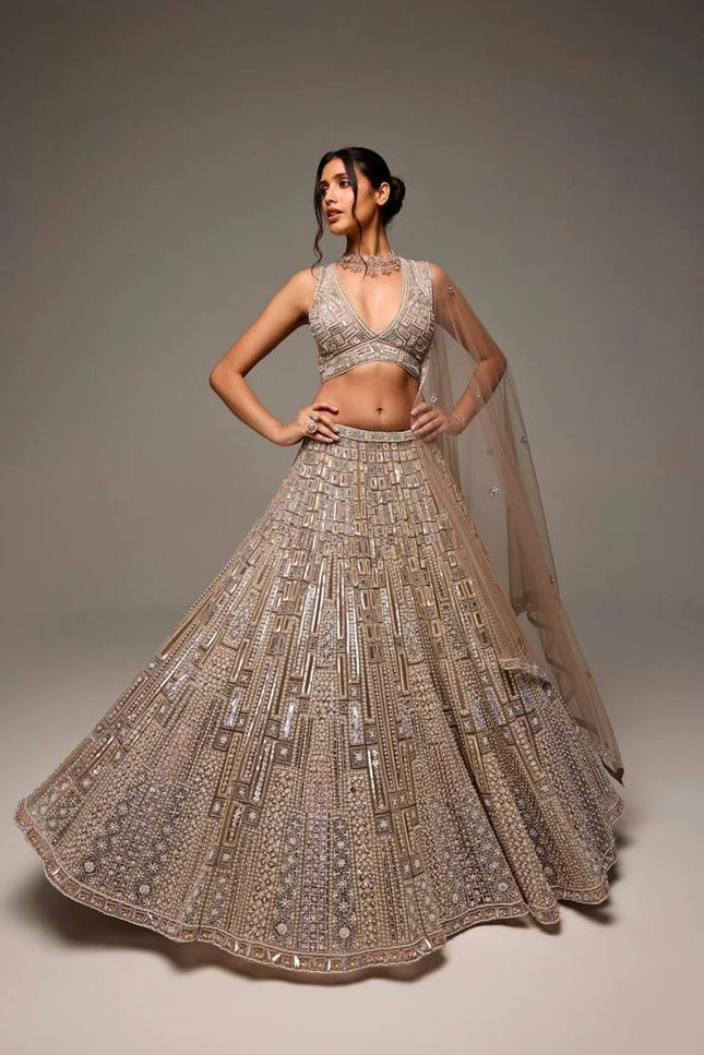 Net Lehenga Choli with Sequins, Dori & Thread Work | 3.5 Mtr Flare | Semi - Stitched - Rosepetals Luxe