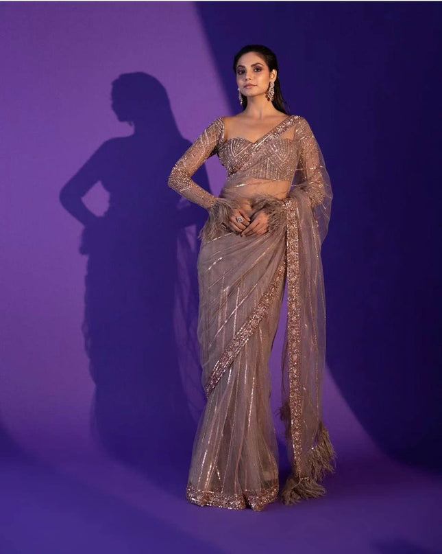 Net Saree with Sequence, Dori and Zari Work | Jhalar Border | Satin Inner - Rosepetals Luxe