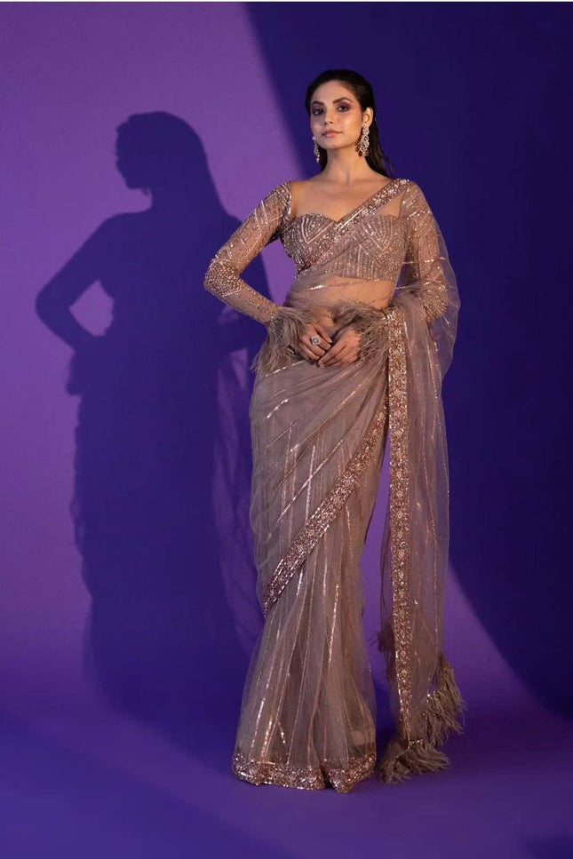 Net Saree with Sequence, Dori and Zari Work | Jhalar Border | Satin Inner - Rosepetals Luxe