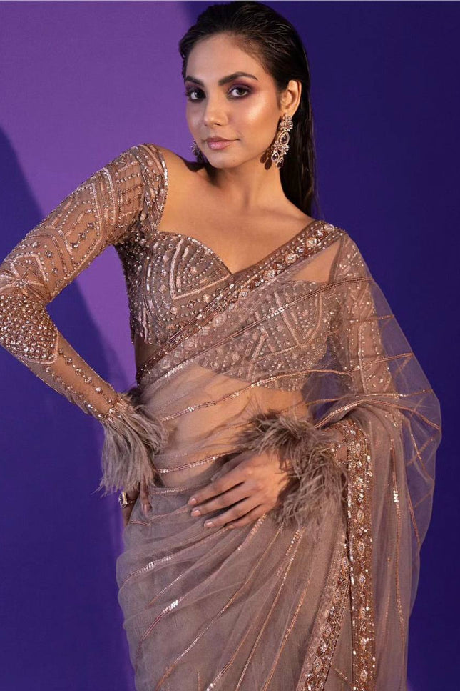 Net Saree with Sequence, Dori and Zari Work | Jhalar Border | Satin Inner - Rosepetals Luxe