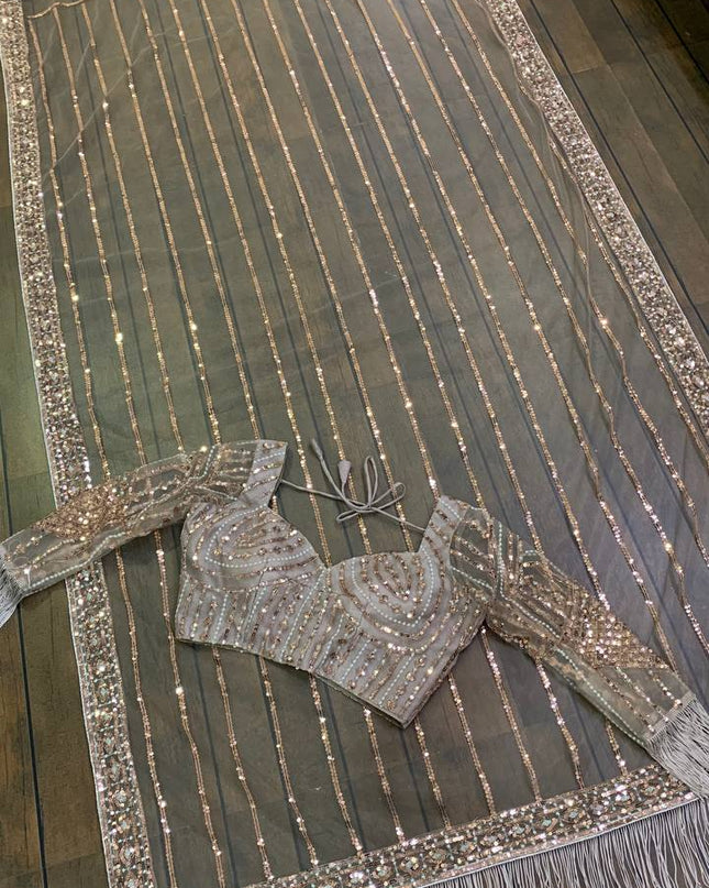 Net Saree with Sequence, Dori and Zari Work | Jhalar Border | Satin Inner - Rosepetals Luxe