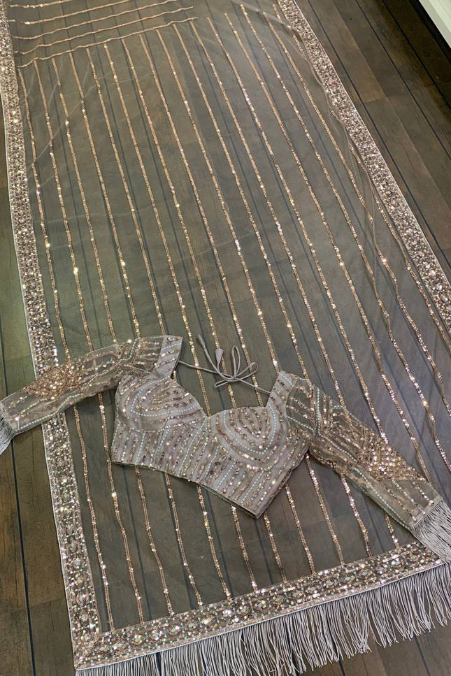 Net Saree with Sequence, Dori and Zari Work | Jhalar Border | Satin Inner - Rosepetals Luxe