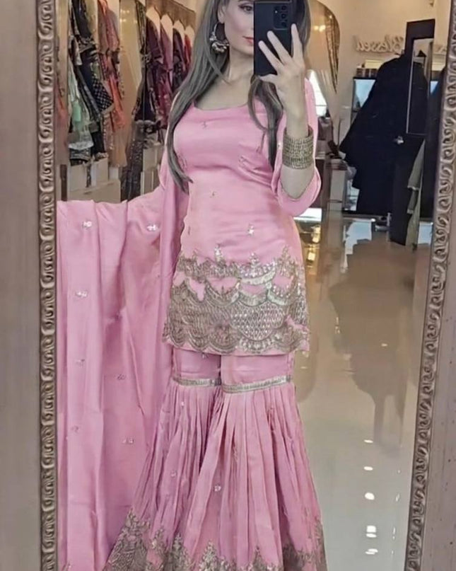 Neutral Silk Top with Sharara Palazzo & Embroidered Dupatta Set - Rosepetals Luxe