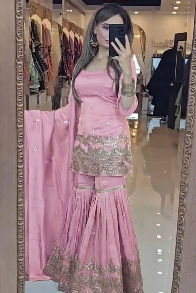 Neutral Silk Top with Sharara Palazzo & Embroidered Dupatta Set - Rosepetals Luxe