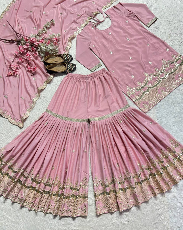 Neutral Silk Top with Sharara Palazzo & Embroidered Dupatta Set - Rosepetals Luxe