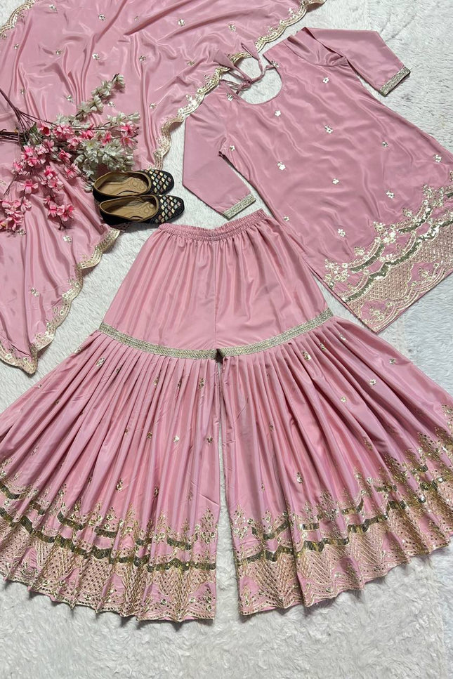 Neutral Silk Top with Sharara Palazzo & Embroidered Dupatta Set - Rosepetals Luxe
