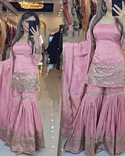 Neutral Silk Top with Sharara Palazzo & Embroidered Dupatta Set - Rosepetals Luxe