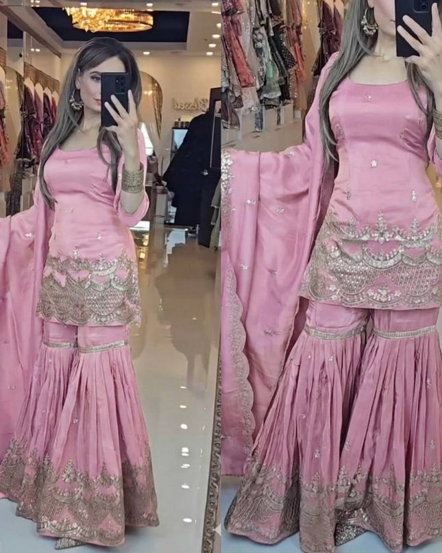 Neutral Silk Top with Sharara Palazzo & Embroidered Dupatta Set - Rosepetals Luxe