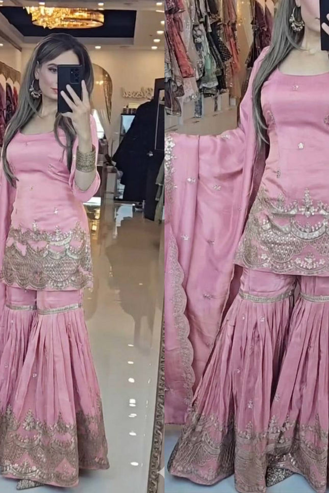 Neutral Silk Top with Sharara Palazzo & Embroidered Dupatta Set - Rosepetals Luxe