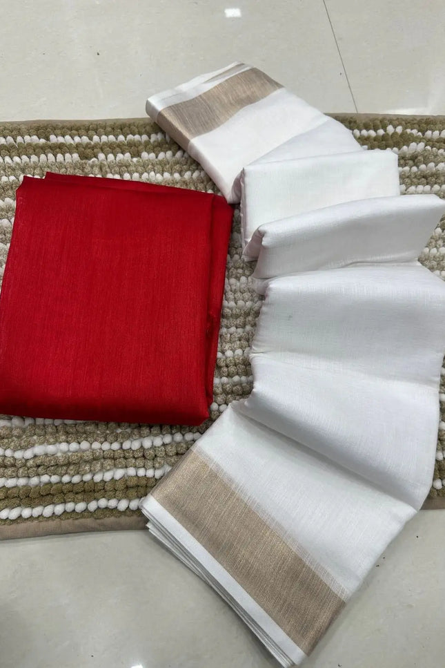 New Soft Cotton Saree with Red Banglori Silk Contrast Blouse - Rosepetals Luxe
