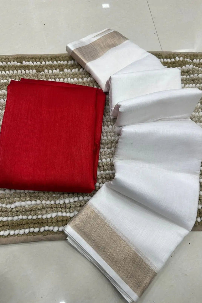 New Soft Cotton Saree with Red Banglori Silk Contrast Blouse - Rosepetals Luxe