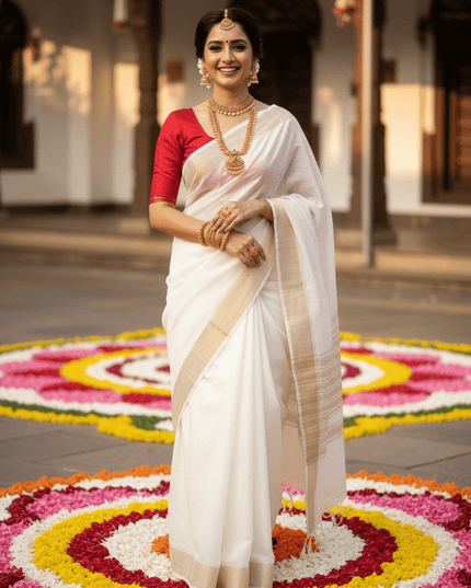 New Soft Cotton Saree with Red Banglori Silk Contrast Blouse - Rosepetals Luxe