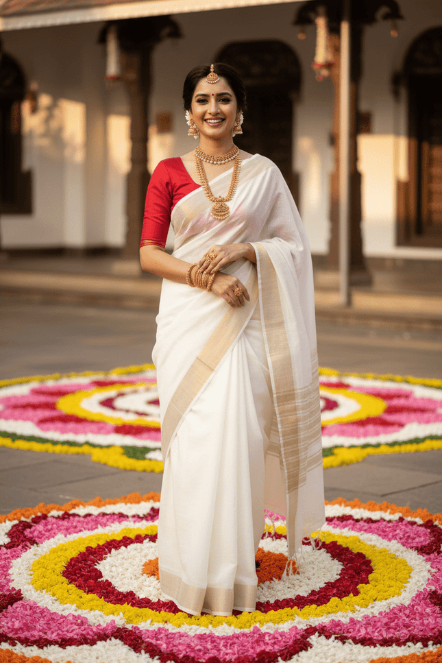 New Soft Cotton Saree with Red Banglori Silk Contrast Blouse - Rosepetals Luxe