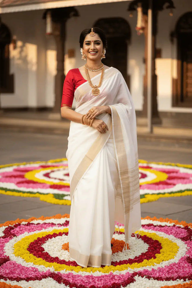 New Soft Cotton Saree with Red Banglori Silk Contrast Blouse - Rosepetals Luxe