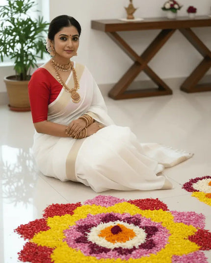 New Soft Cotton Saree with Red Banglori Silk Contrast Blouse - Rosepetals Luxe