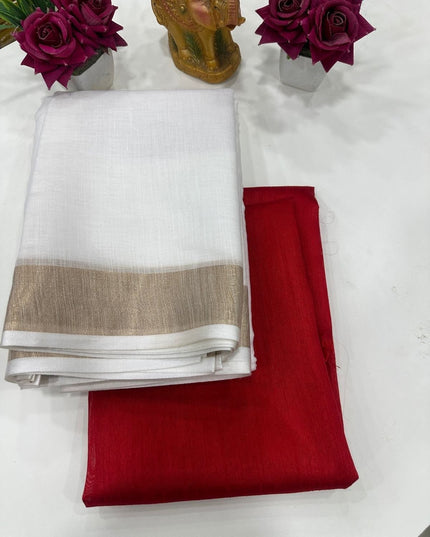 New Soft Cotton Saree with Red Banglori Silk Contrast Blouse - Rosepetals Luxe