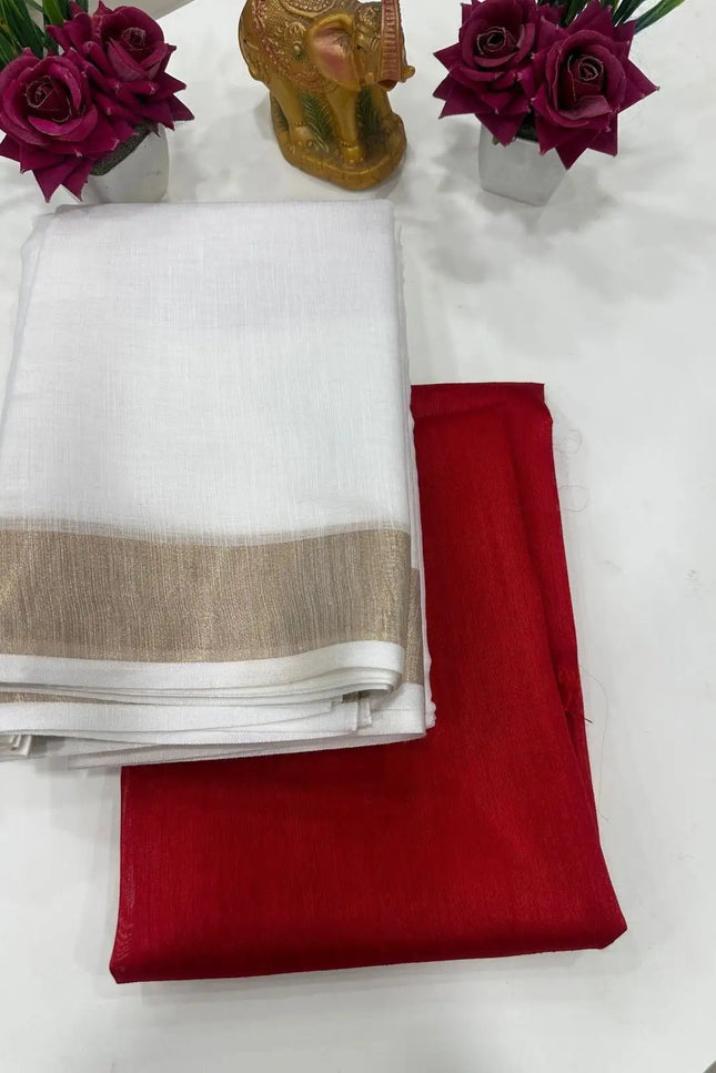 New Soft Cotton Saree with Red Banglori Silk Contrast Blouse - Rosepetals Luxe