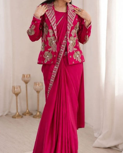 New Trending Pink Party Saree with Jacket | Ready to Wear | Embroidery Work - Rosepetals Luxe