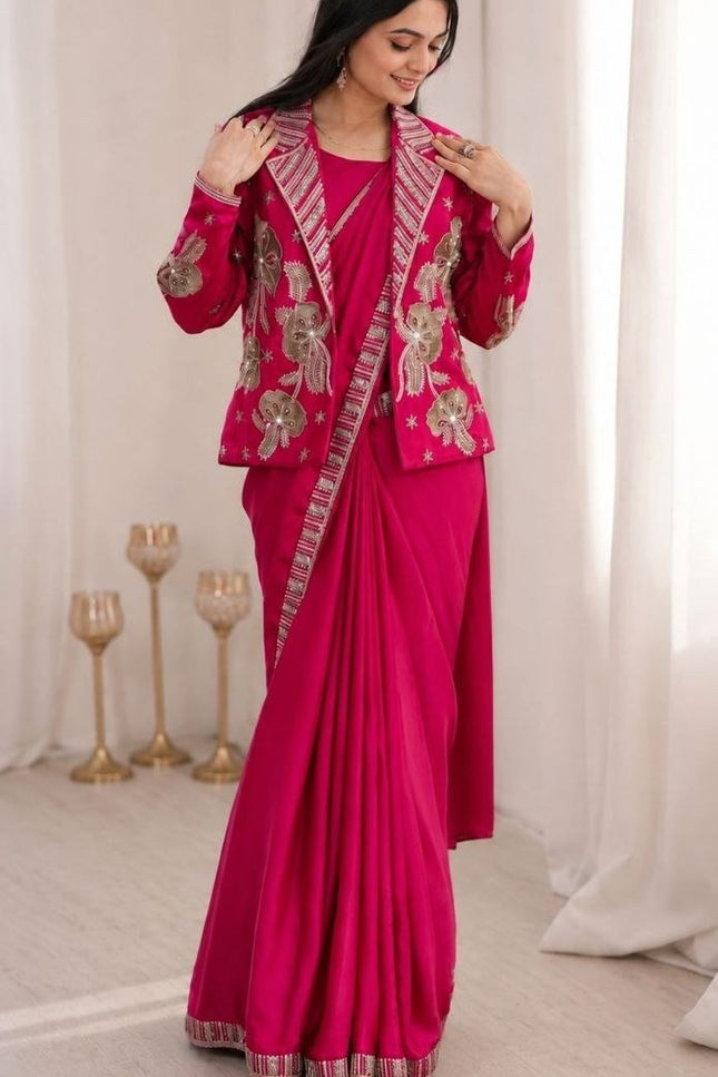 New Trending Pink Party Saree with Jacket | Ready to Wear | Embroidery Work - Rosepetals Luxe