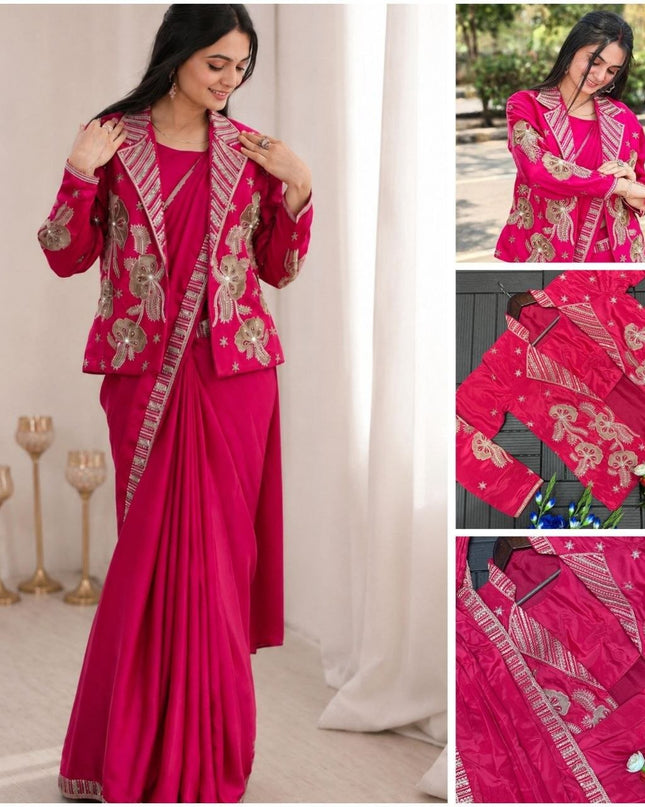 New Trending Pink Party Saree with Jacket | Ready to Wear | Embroidery Work - Rosepetals Luxe