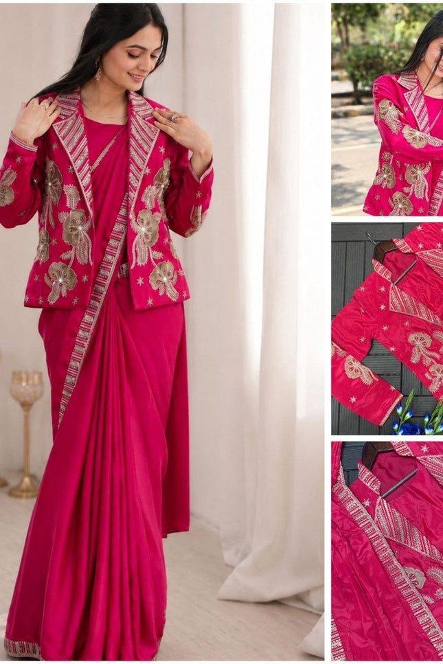New Trending Pink Party Saree with Jacket | Ready to Wear | Embroidery Work - Rosepetals Luxe