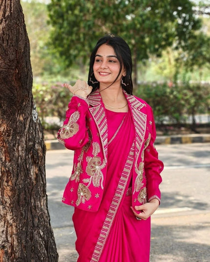 New Trending Pink Party Saree with Jacket | Ready to Wear | Embroidery Work - Rosepetals Luxe