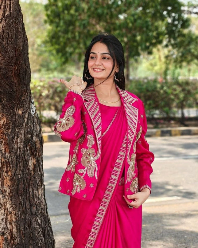 New Trending Pink Party Saree with Jacket | Ready to Wear | Embroidery Work - Rosepetals Luxe